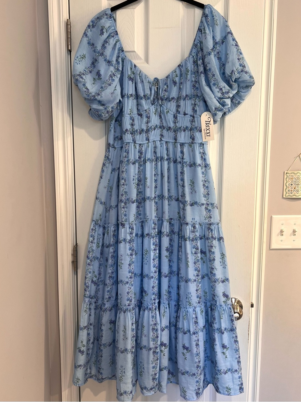 NWT Cottagecore Milkmaid Blue Floral Puff-Sleeve Midi Dress L Trixxi Tiered